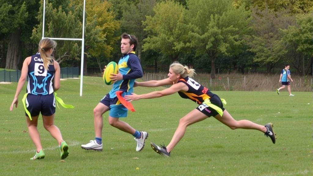 People playing tag X. One player runs with the ball whilst another attempts to remove their tags.