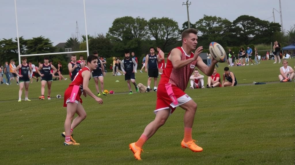 One player passes a rugby ball to his team mate.