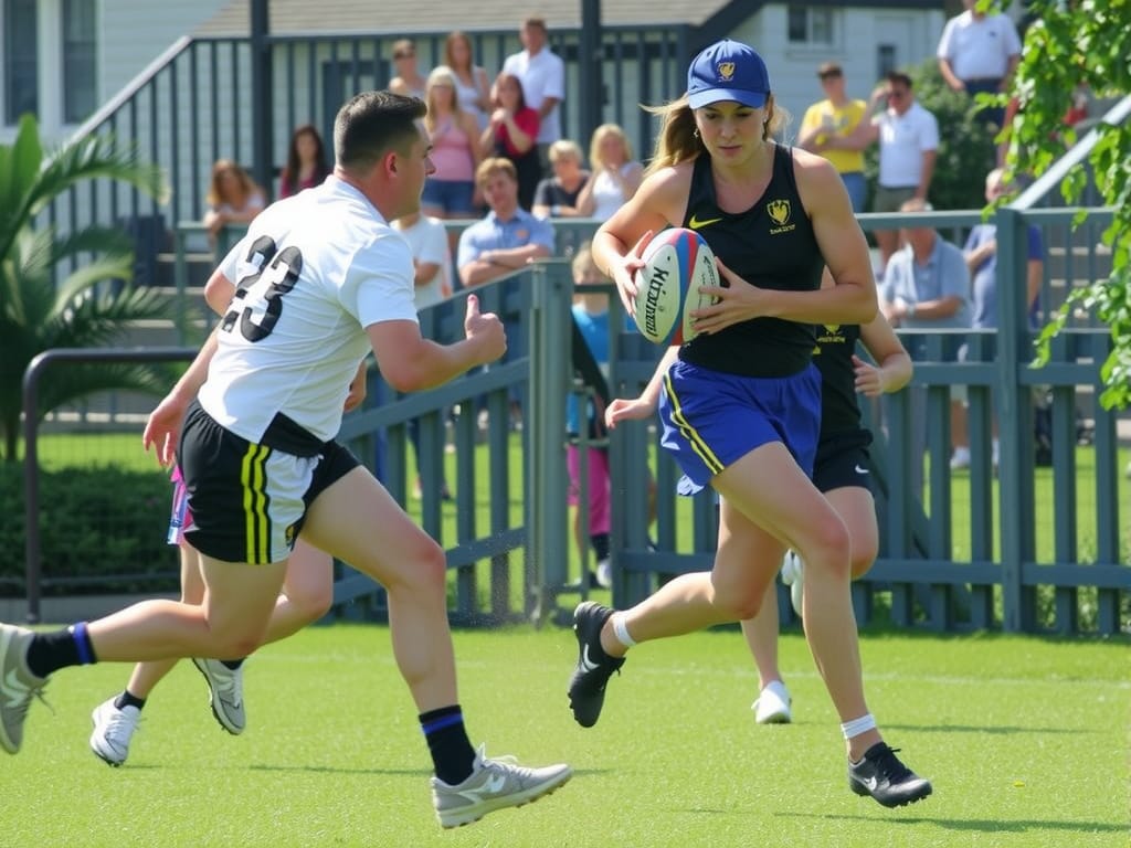 People playing tag X. One player runs with the ball whilst another attempts to remove their tags.
